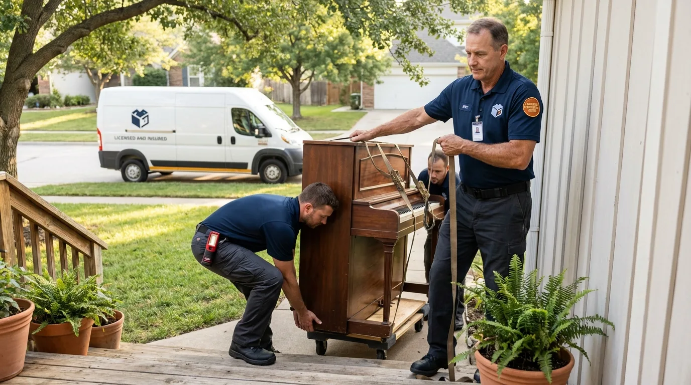 Licensed piano movers securing grand piano in Edinburg, VA